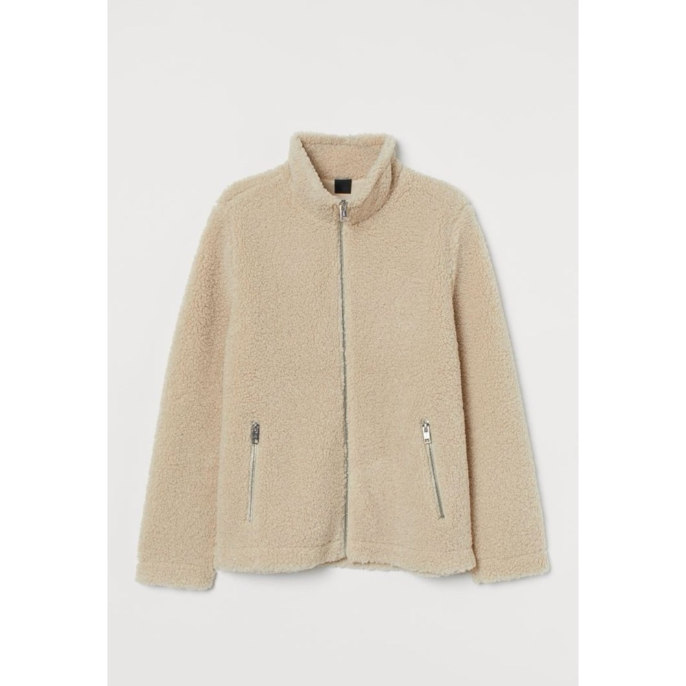 H&M Faux Shearling Jacket Teddy Coat Beige Cream Cozy Warm Fall Full zip ivory